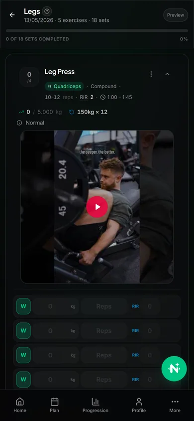 Live workout player with sets and rest timer